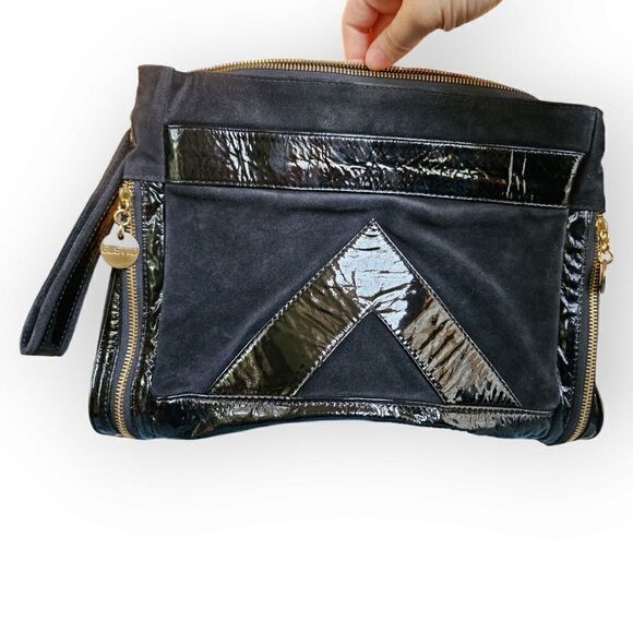 Gustto Black Patent Leather and Suede Large Wristlet Lapol Clutch - Picture 12 of 16